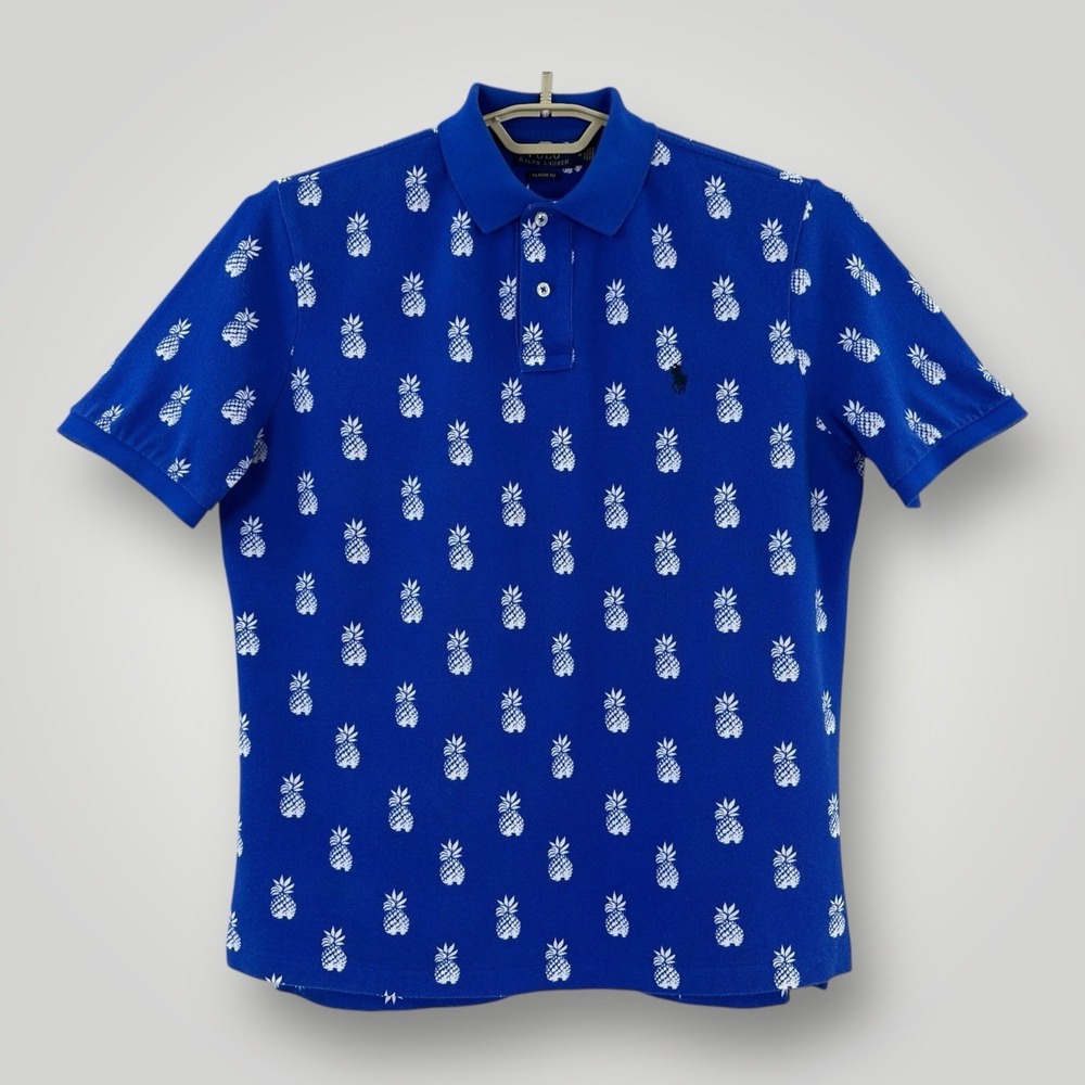 POLO RALPH LAUREN Polo Shirt Mens M‎ Classic Fit Allover Pineapple Black Pony